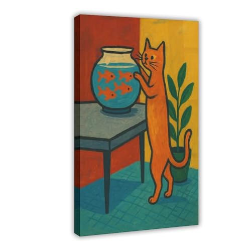 Poster chat curieux et poisson rouge toile 20x30 cm pour décoration de chambre