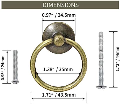 12Pcs Round Ring Drawer Pulls Vintage Bronze Ring Handle Knobs for Cabinet Drawer Dresser Cupboard Wardrobe, Single Hole