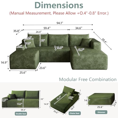Image of 95 inch Modular Sectional Sofa with Ottoman, Modern Corduroy Cloud Couch with Deep Seat, Boneless Couch Upholstered 3-Seater U-Shaped Sofa for Living Room, No Assembly (Green,Right-Facing Chaise)