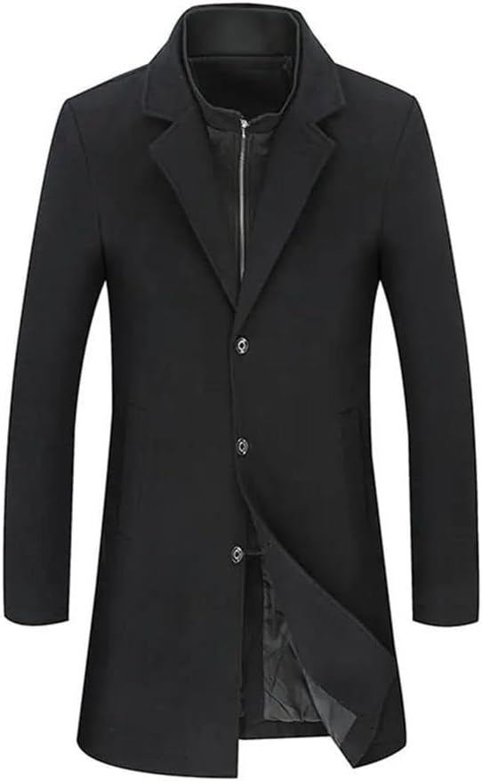 Men's Wool Blend Long Trench Coat Notched Collar Single Breasted Overcoat Warm Woolen Thick Jacket
