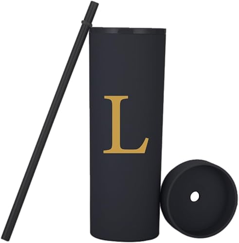 Miniatura 3 de Vaso delgado personalizado de la letra L, vasos delgados de 16 onzas con inicial mate con tapas y popotes. Vasos delgados personalizados, regalos de