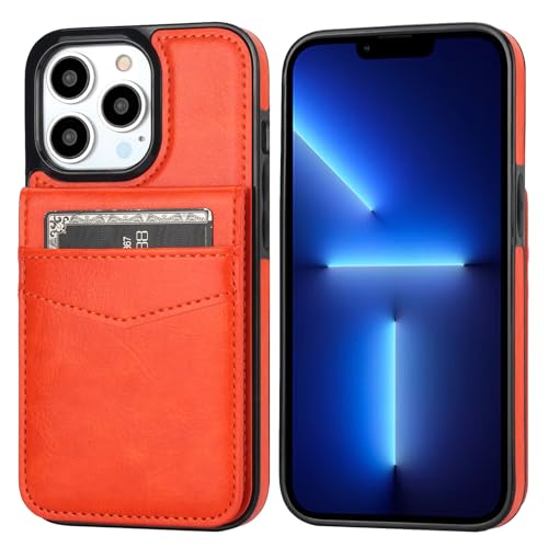 Image of KIHUWEY Compatible with iPhone 13 Pro Case Wallet with Credit Card Holder, Premium Leather Magnetic Clasp Kickstand Heavy Duty Protective Cover for iPhone 13 Pro 6.1 Inch (Orange)