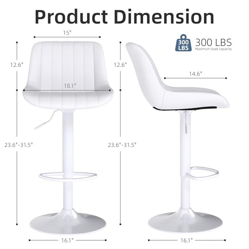 Image of Youhauchair Adjustable Faux Leather Bar Stools Set of 2, White | Swivel, Counter Height, Back & Footrest, Armless, PU, Modern, Kitchen Island Stool, Upholstered Dining Room Chair