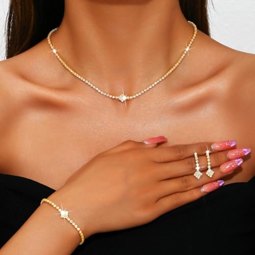 Aukmla Rhinestones Bridal Wedding Jewelry Sets Sparkly Necklace Earrings Bracelet Set Prom Formal Jewelry for Brides and Women2