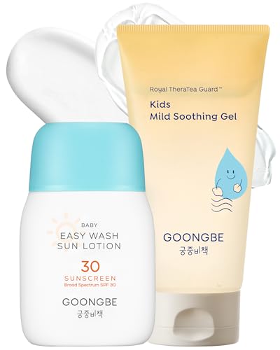 GOONGBE Baby Kids Easy Wash Sun Lotion SPF 30 & Mild Soothing Gel - Zinc Oxide Mineral Sunscreen & After Sun Relief - Korean Skincare for Sensitive Skin - Vegan Hypoallergenic, 2.11oz & 5.07oz