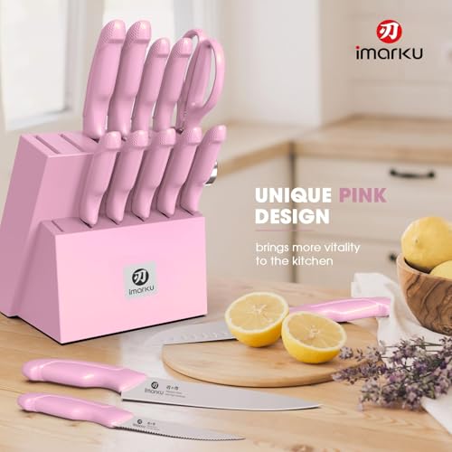 imarku Knife Set with Block, Sharp Knife Set with Built-in Sharpener, Japanese Stainless Steel Kitchen Knife Set with Non-Slip Ergonomic Handle, Dishwasher Safe, Valentine's Day Gifts, 14 PCS, Pink — view 2