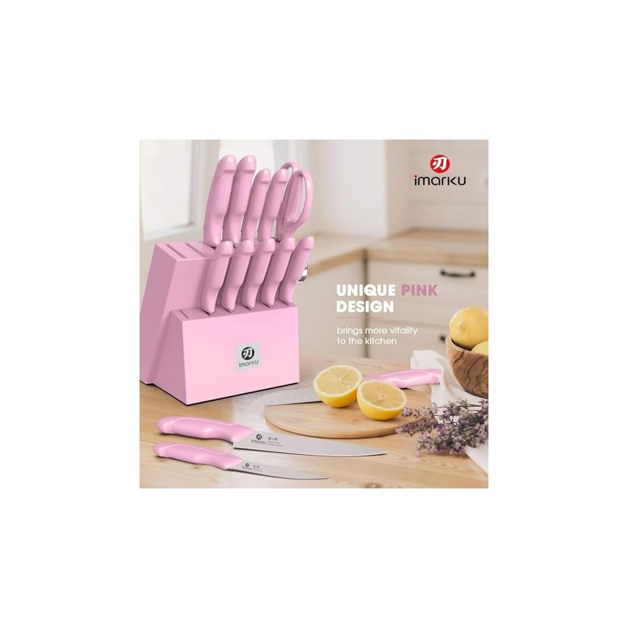 imarku Knife Set with Block, Sharp Knife Set with Built-in Sharpener, Japanese Stainless Steel Kitchen Knife Set with Non-Slip Ergonomic Handle, Dishwasher Safe, Valentine's Day Gifts, 14 PCS, Pink