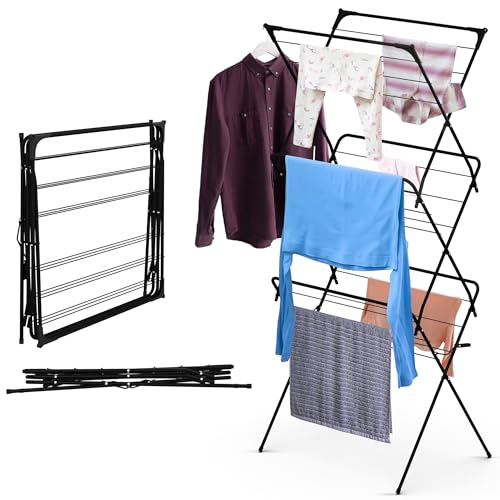 ABN Finest Maiden Clothes Dryer Horse Indoor Folding, 18m Drying Racks with 10kg Load Capacity, Compact 3 Tier Clothes Airer for Small Spaces Metal Black