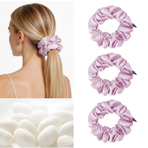 Image of THXSILK 100% Mulberry Silk Chunky Scrunchies 3-Pack, 25 Momme Mulberry Silk Hair Ties for Women, Thick Voluminous No Damage Hair Ties, Ponytail Holders for All Hair Types, Light Purple
