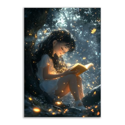 Décoration murale petite fille qui aime lire poster blanc 70x100cm