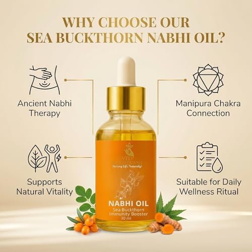 Image of Ved Sanjeevani Seabuckthorn Nabhi Oil Ayurvedic Belly Button Oil Immunity Booster Omega 3 6 7 9 Vitamins A C E K Skin Glow Energy Antioxidant Pechoti Therapy 30ML