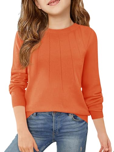 Haloumoning Girls Sweaters Kids Crewneck Long Sleeve Pleated Knit Pullover Sweater Fall Fashion Clothes 5-14 Years Orange