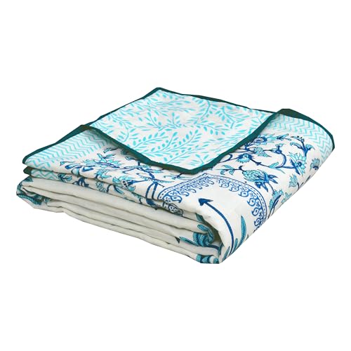 Image of BLOCKS OF INDIA Hand Block Printed Cotton Single Size Reversible Malmal Dohar for Summer (Turq Tree Lily)