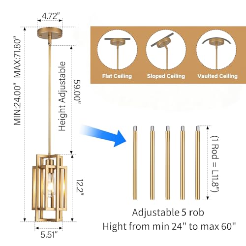 Modern Pendant Light Fixtures 2 Pack 1 Light, Gold Finish Cage Farmhouse Pendant Lights with Max 59'' Adjustable, Small Square Pendant Ceiling Hanging Light for Kitchen Island Dining Room Entryway by HFYOXK - Image 3