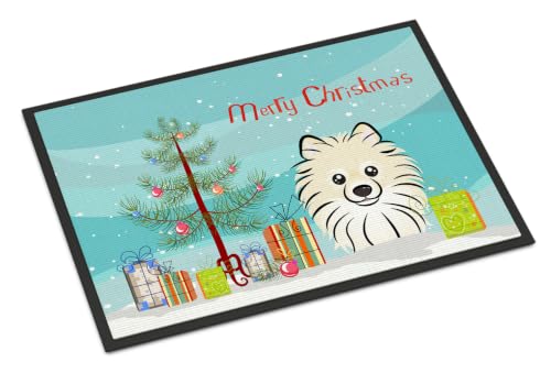 Caroline's Treasures BB1579JMAT Christmas Tree and Pomeranian Doormat 24x36 Front Door Mat Indoor Outdoor Rugs for Entryway, Non Slip Washable Low Pile, 24H X 36W