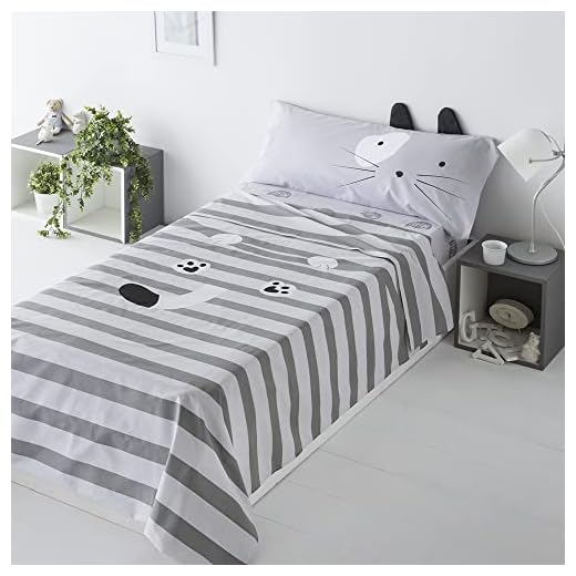 COTTON ARTean Juego de sabanas Infantil Gris Gato 50% ALGODÓN 50% POLIÉSTER Gris Cama de 90 x 190/200 + 1 Funda DE Almohada + SÁBANA Bajera Ajustable