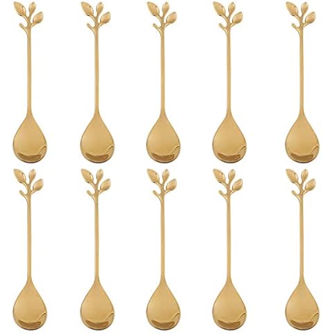 Stainless Steel Gold Leaf Coffee Spoon--AnSaw 10 Pcs Creative Tableware Dessert Spoons, Stirring, Mixing, Sugar, Stir, Ice Cream, Cake, Teaspoon Set (Gold-10Spoon) Cover
