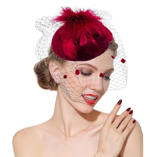 Fascinator Hats 20s 50s Hat Pillbox for Women Tea Party Cocktail Hat with Feather mesh Veil for Wedding Church (US, Alpha, One Size, Red)