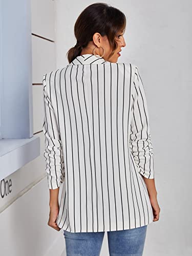 Wdirara Women's Graphic Print Button Open Front Long Sleeve Blazer Jacket White Striped S #TOP1