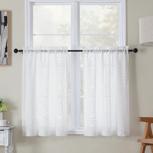 Simplebrand Semi Sheer White Curtains 36 Inch Length 2 Panels, Geometric Jacquard Clip Textured Short Sheer Curtains for Bedroom?Modern Elegant Window Curtains Panels/Drapes/Treatment, 28x36 inch