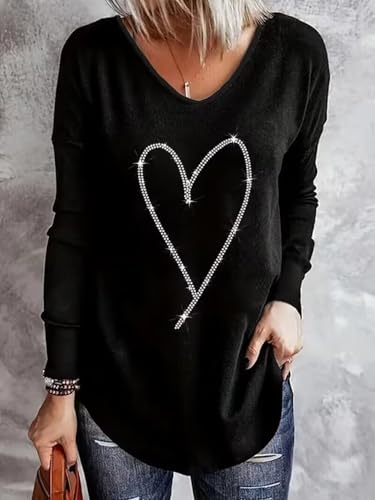 Rhinestone Heart V Neck Shirts Womens Funny Heart Printed Pattern Pullover Casual Loose Long Sleeve Tunic Shirt Tops4