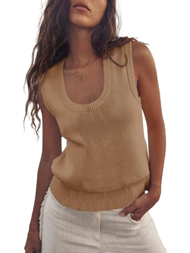 Image of Saodimallsu Women's Ribbed Knit Sweater Vest | Fashion U Neck,Pullover, Boho,Casual Knit,Beach Vacation Outfits