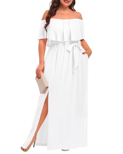 Plus Size White Off The Shoulder Maxi Long Casual Beach Dress Pockets Women