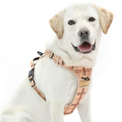 Image of PUPTECK No Pull Dog Harness for Large, Adjustable Reflective Dog Harness with Handle Easy Control, Comfortable Soft Padded Pet Vest Harness for Large Dogs, Plaid Beige L