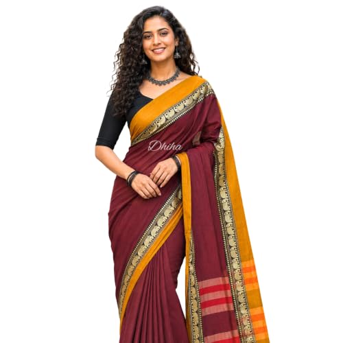 Image of Narayanpet Pure Cotton Avani Border Saree for Women with Running Blouse | Tassels | Traditional Woven Solid Design | Handloom Weave