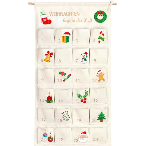 Shining She 2025 Adventskalender zum Befüllen Stoff,100 x 50 cm Weihnachtskalender zum Befüllen Wiederverwendbar mit 24 Taschen,Adventskalender zum Aufhängen Hängend zum Wand Tür Weihnachten Deko