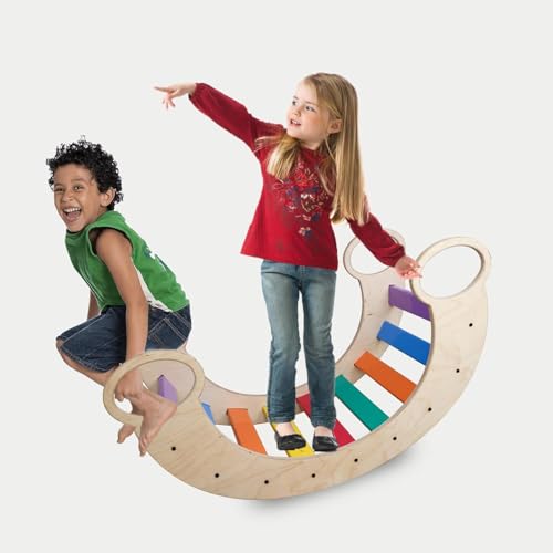 Image of Wooden Balance Rocker for Kids, Also Used as Pickler Climber Arch, Indoor Physical Activity Games for Girls and Boys Sharpens Sensory Skills, Perfect for 2.5+ Year Children