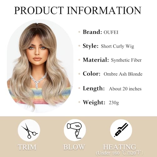 OUFEI Long Ombre Ash Blonde Wig With Curtain Bangs Natural Wavy Wigs for Women Natural Synthetic Hair Heat Resistant Wigs for Daily Party Cosplay Wear - Image 2