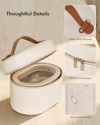 Prite 2 Pcs Makeup Bag Set Travel Cosmetic Organizer 2-Layer Vegan Leather Jewelry Case with Waterproof Clear Toiletry Bag for Women (Beige) - 4
