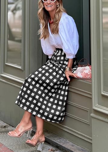 CHARTOU Women's Summer Gingham Long Skirt Casual High Waisted A Line Plaid Printed Flowy Skirt with Pockets3