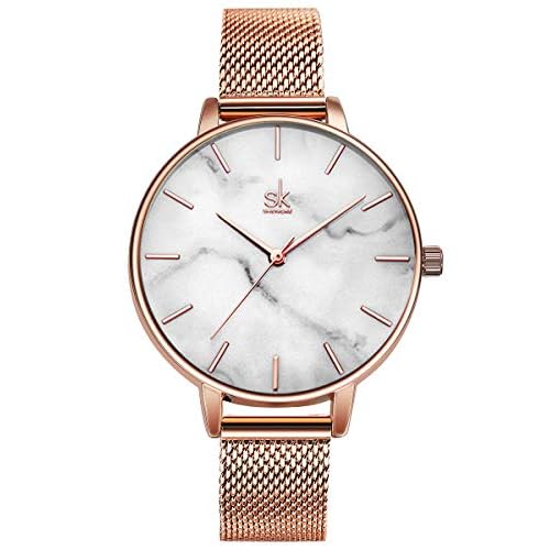 Alienwork Armbanduhr Damen Rose-Gold Metall Mesh Armband Edelstahl Weiss Ultra-flach Elegant
