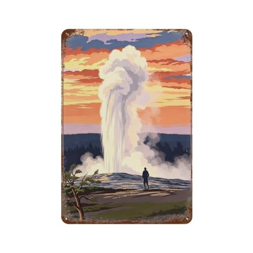 Yellowstone National Park Vintage Metal Tin Sign, 8x12 Inch Retro Geyser Travel Wall Decor Old Faithful Nature Metal Plaque Wall Art for Cabin Lodge Home