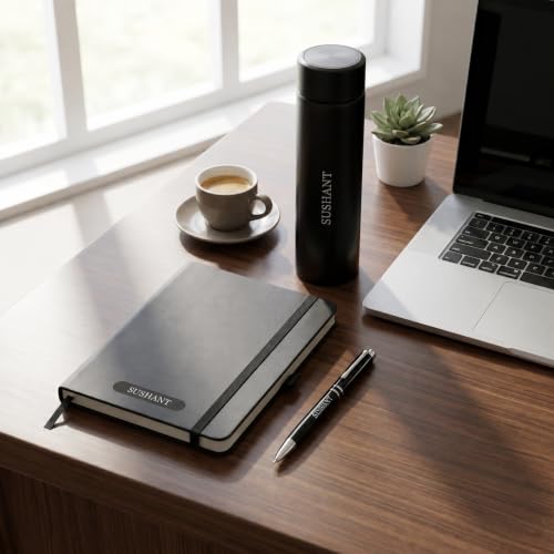 Image of Personalized Diary Gift Set with Bottle & Pen Black | 3-in-1
