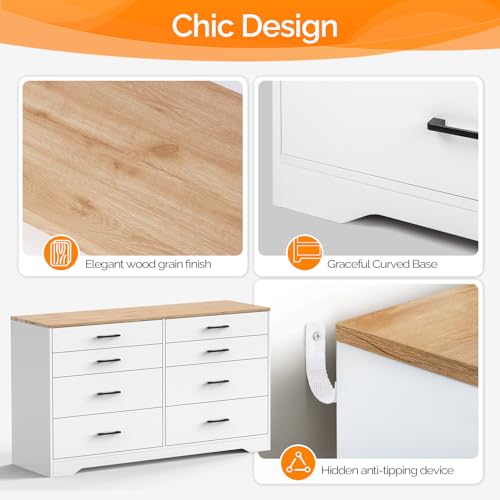 Image of VINGLI 8 Drawer Dresser 56 inch Long, White Dresser for Bedroom Baby Nursery, Wood Dressers with Combination Drawer Sizes, 17.72 inch D x 56 inch W x 32.28 inch H