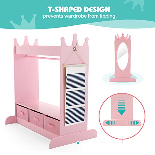 Kids Armoire Dress-Up Storage W/Mirror And Drawers,Dress Up Closet,Costume Dress Up Wardrobe, Pretend Storage Closet For Kids W/Side Pocket Top Shelf Shoes Storage,Lovely Pink For Bedroom Girls Room #TOP5