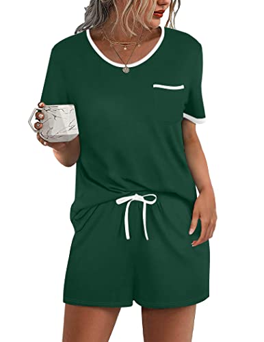 Image of Ekouaer Pajama Set for Women 2 Piece Lounge Set Short Sleeve Tops and Shorts Soft Sleepwear, Chest Pocket