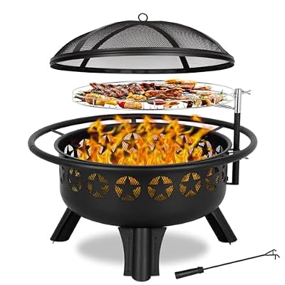 Hykolity 2 in 1 Fire Pit with Grill, Large 31" Wood Burning Fire Pit with Swivel Cooking Grate, Outdoor Firepit with Fire Poker and Spark Cover for Backyard Bonfire Patio Outside Picnic BBQ