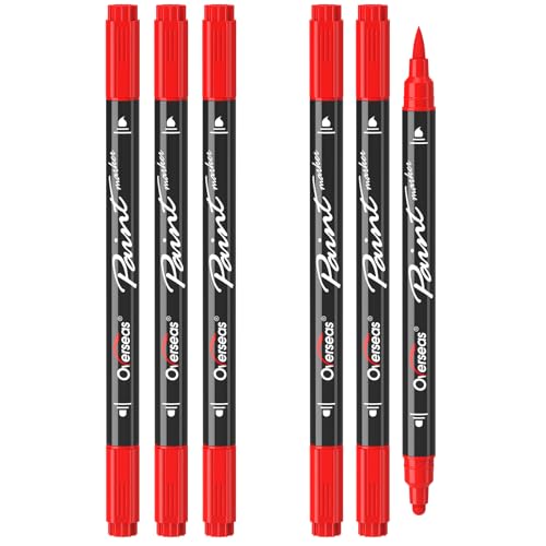 Overseas Red Acrylic Paint Markers 6 Pack Dual Tip Paint Pens Acrylic Markers - Dot and Brush Tip Coloring Marker for Wood Rock Canvas Glass Metal Plastic Rubber Fabric School Supplies