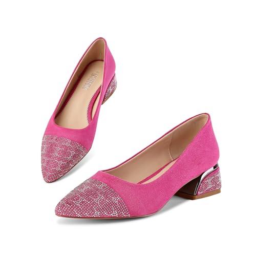 Women's Block Heel Pumps Round Toe Chunky Heels with Rhinestones Comfortable Work Shoes