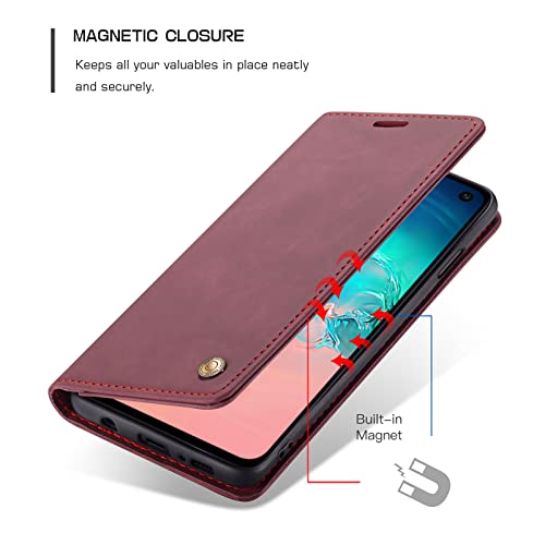 Qltypri Samsung Galaxy S10E Case Vintage Pu Leather Wallet Case Tpu Bumper [Card Slots] [Hands-Free Kickstand] [Magnetic Closure] Shockproof Flip Folio Case For Samsung Galaxy S10E - Wine Red #TOP2