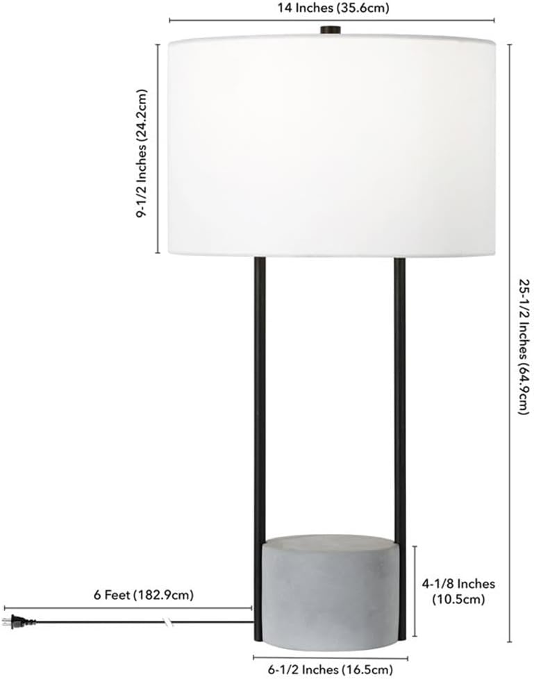 Henn&Hart 27" Industrial 1-Light Table Lamp with White Fabric Drum Shade for Living Room, Bedroom, or Office, Blackened Bronze/Concrete