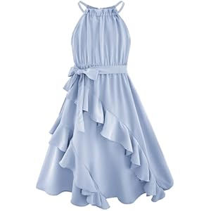 Girls Dresses Tween Halter Tie Back Tiered Ruffle A-Line Flowy Dress Summer Sleeveless Sundress Size 5-14 Years 7-8 Years Light Blue