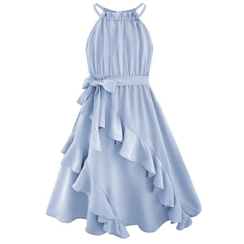 Girls Dresses Tween Halter Tie Back Tiered Ruffle A-Line Flowy Dress Summer Sleeveless Sundress Size 5-14 Years 7-8 Years Light Blue