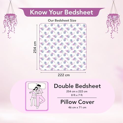 Image of Divine Casa 100% Cotton 144 TC Double Bedsheet with 2 Pillow Covers | Soft Skin Friendly Breathable Bedding Set | Printed Bed Sheet for Bedroom | 222 x 254 cm (Blue Pink, Floral)
