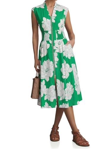 Image of Wenrine Womens Smocked Midi Dress Zipper V Neck Long Summer Dresses | zip front, empire waist, cap sleeve, flowy, a line, high slit, casual midi dress