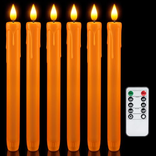 Image of Homemory 6 Pcs Orange Flameless Taper Candles with Remote, Timer, Dimmer, Battery Operated CandleSticks with Flickering Light, Plastic Led Window Candles, for Halloween Decoration 9.6 Inches
